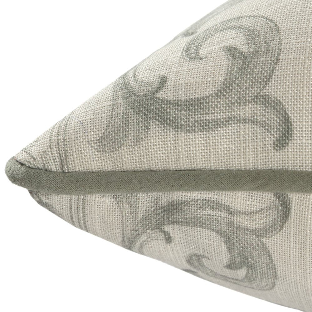 24" Ivory And Green Damask Recycled Poly Linen Throw Pillow Cover