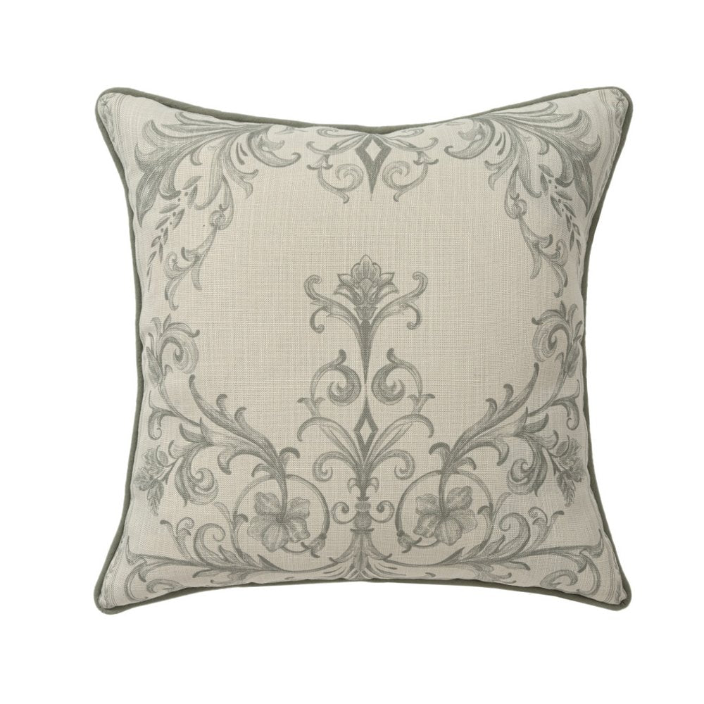 24" Ivory And Green Damask Recycled Poly Linen Throw Pillow Cover