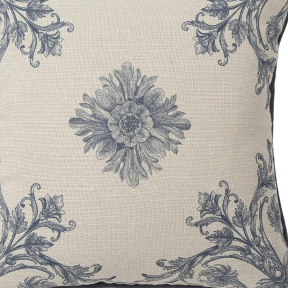 20" Blue And Ivory Floral Recycled Poly Linen Throw Pillow Cover