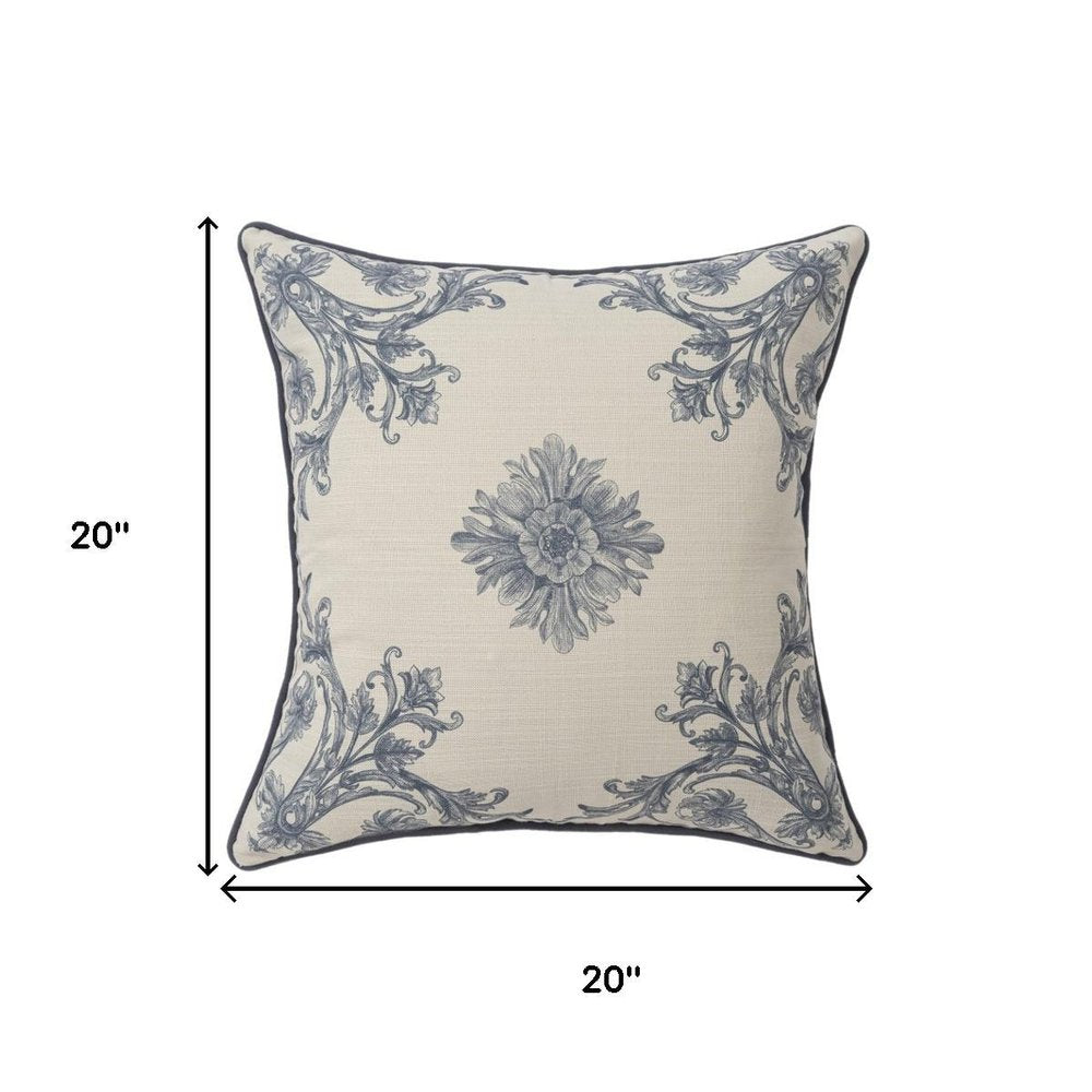 20" Blue And Ivory Floral Recycled Poly Linen Throw Pillow Cover