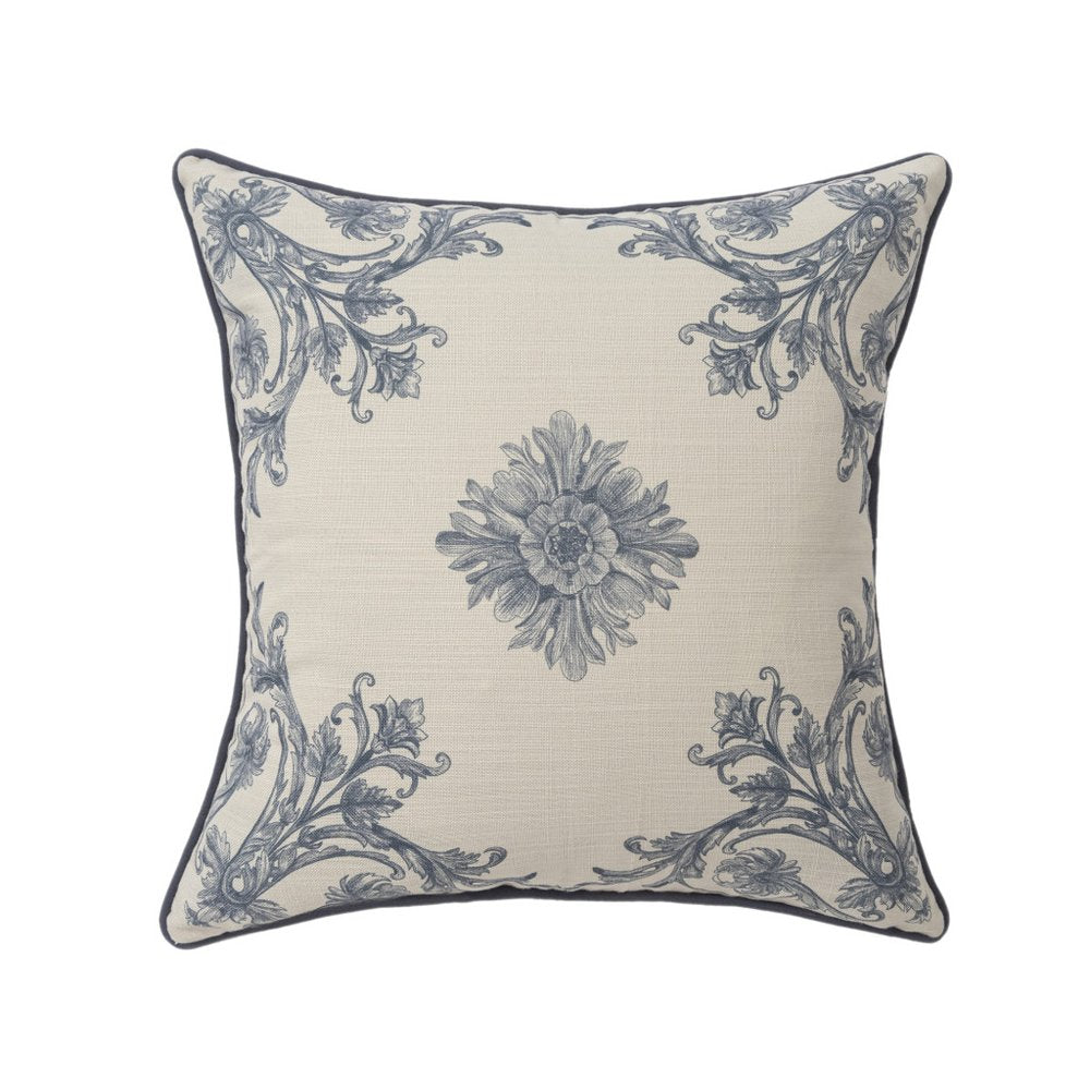 20" Blue And Ivory Floral Recycled Poly Linen Throw Pillow Cover