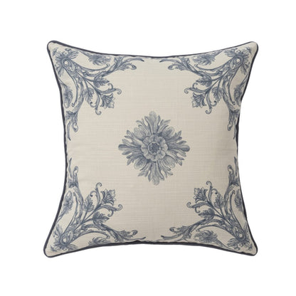 20" Blue And Ivory Floral Recycled Poly Linen Throw Pillow Cover