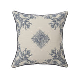 20" Blue And Ivory Floral Recycled Poly Linen Throw Pillow Cover