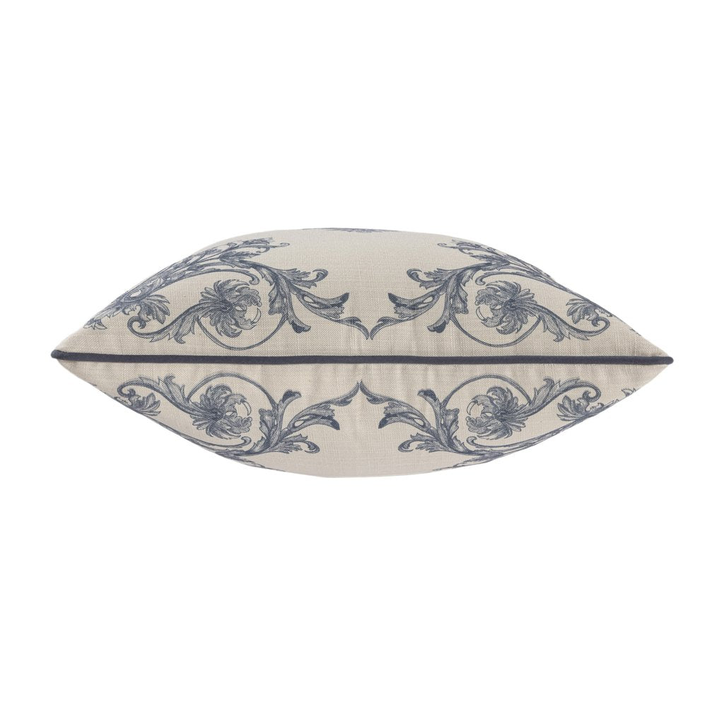 20" Blue And Ivory Floral Recycled Poly Linen Throw Pillow Cover