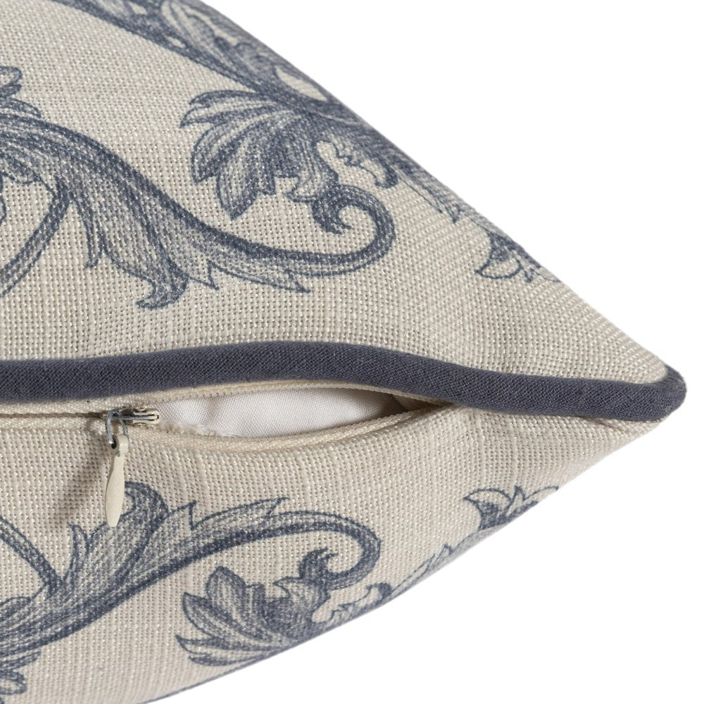 20" Blue And Ivory Floral Recycled Poly Linen Throw Pillow Cover