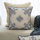 24" Blue And Ivory Floral Recycled Poly Linen Throw Pillow Cover