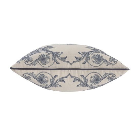 24" Blue And Ivory Floral Recycled Poly Linen Throw Pillow Cover