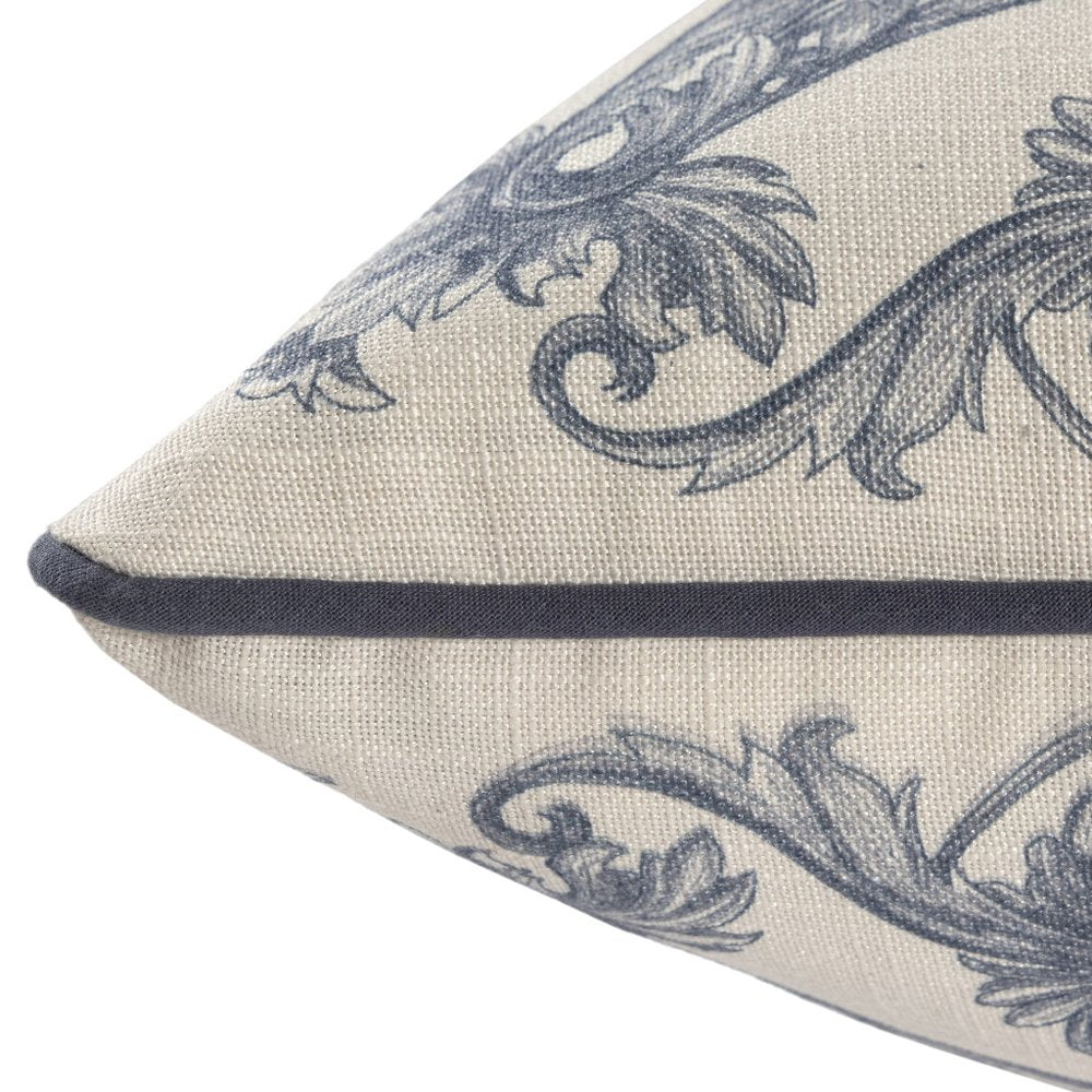 24" Blue And Ivory Floral Recycled Poly Linen Throw Pillow Cover