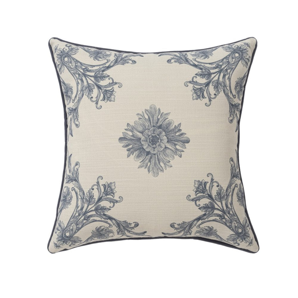 24" Blue And Ivory Floral Recycled Poly Linen Throw Pillow Cover