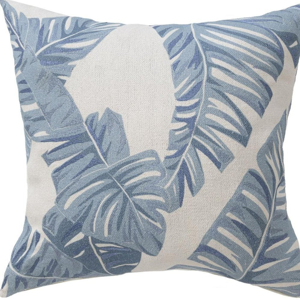 20" Blue And Ivory Floral Cotton Throw Pillow Cover