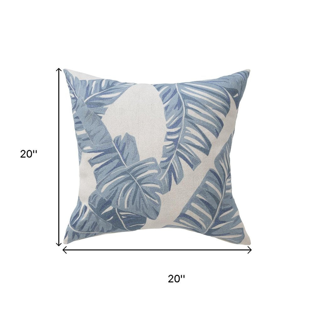 20" Blue And Ivory Beach Floral Cotton Throw Pillow Cover