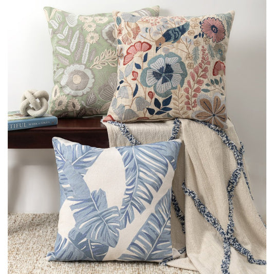 20" Blue And Ivory Floral Cotton Throw Pillow Cover