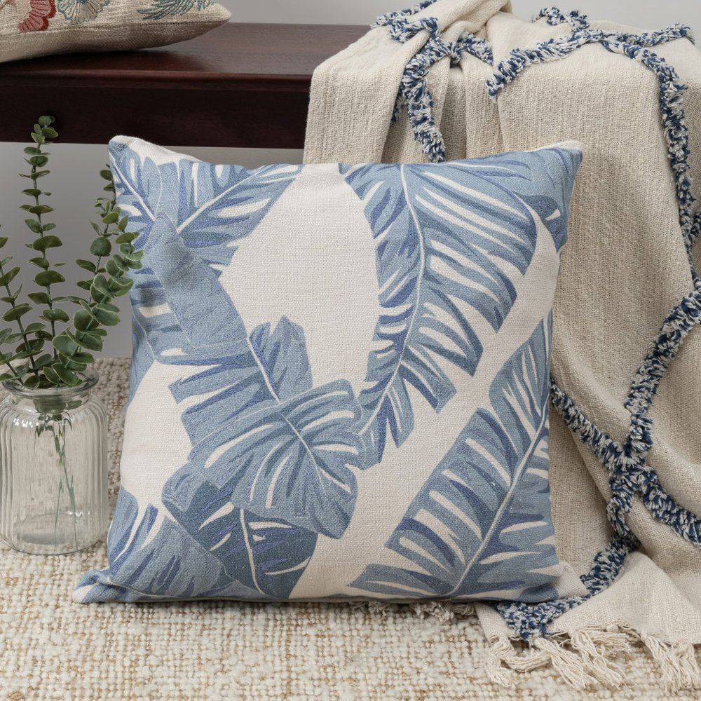 20" Blue And Ivory Floral Cotton Throw Pillow Cover