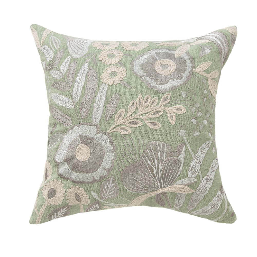 20" Green And Ivory Floral Cotton Throw Pillow Cover