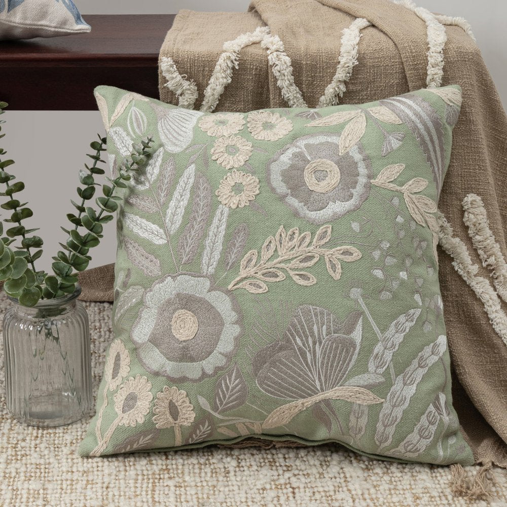 20" Green And Ivory Floral Cotton Throw Pillow Cover