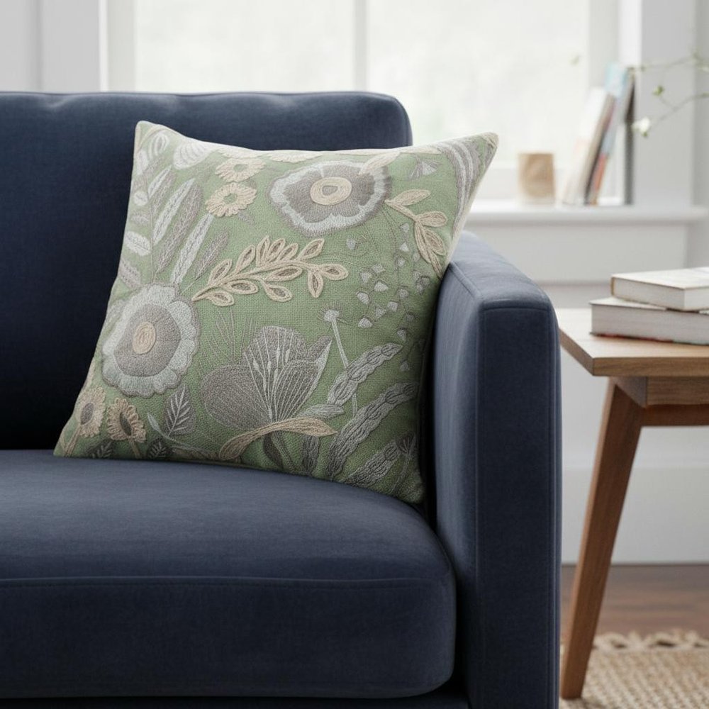 20" Green And Ivory Floral Cotton Throw Pillow Cover