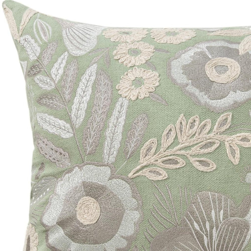 24" Green And Ivory Floral Cotton Throw Pillow Cover