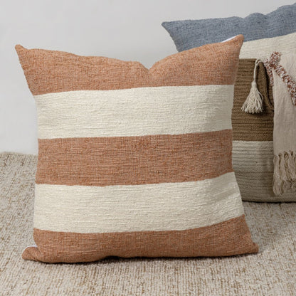 24" Rust And Ivory Striped Linen Blend Throw Pillow Cover
