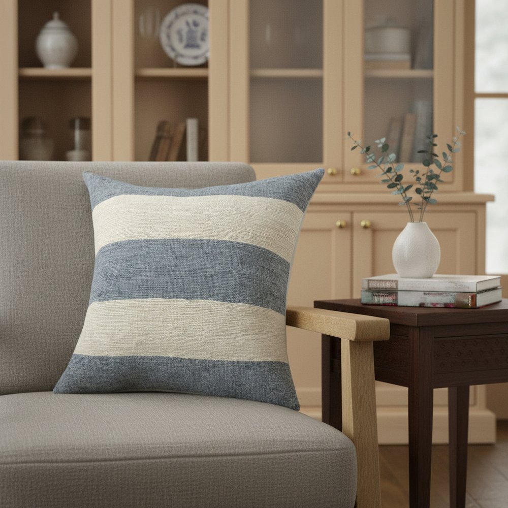 24" Blue And Ivory Striped Linen Blend Throw Pillow Cover