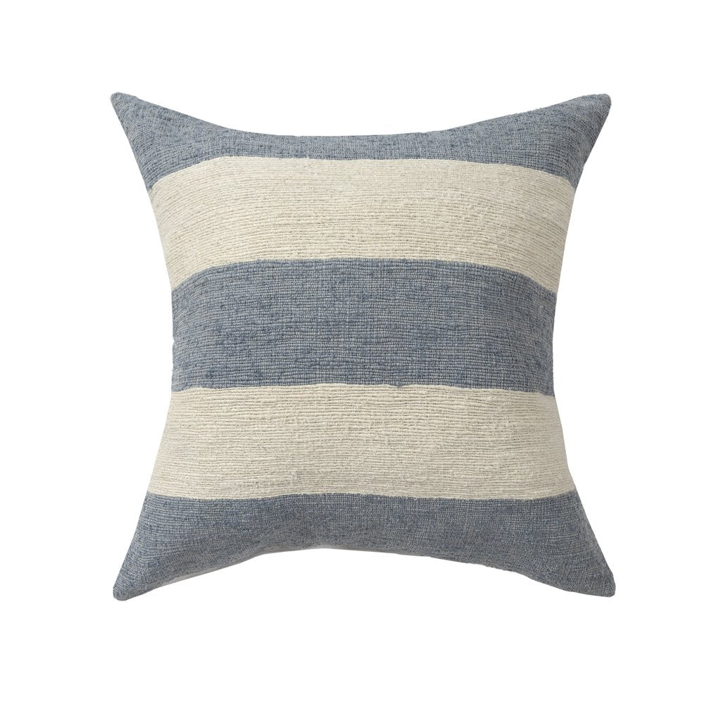 24" Blue And Ivory Striped Linen Blend Throw Pillow Cover