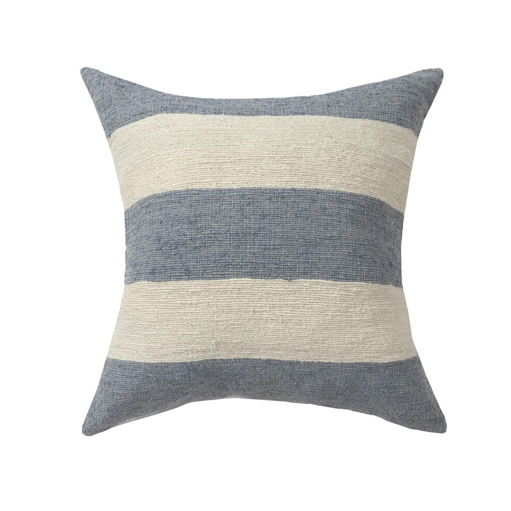 24" Blue And Ivory Beach Striped Linen Blend Throw Pillow Cover
