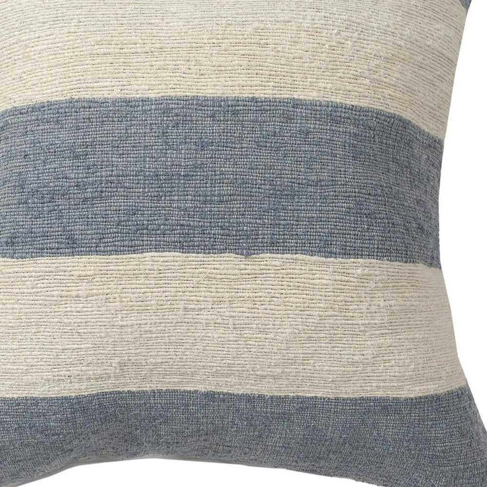 24" Blue And Ivory Beach Striped Linen Blend Throw Pillow Cover