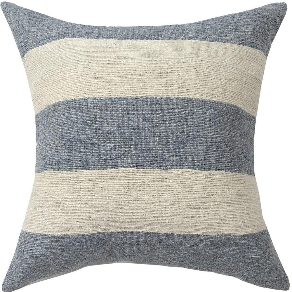 24" Blue And Ivory Striped Linen Blend Throw Pillow Cover