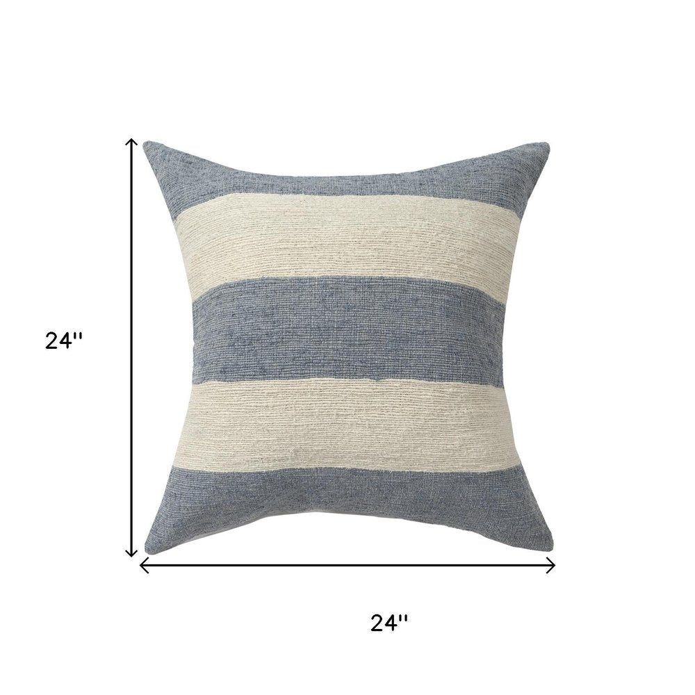 24" Blue And Ivory Striped Linen Blend Throw Pillow Cover