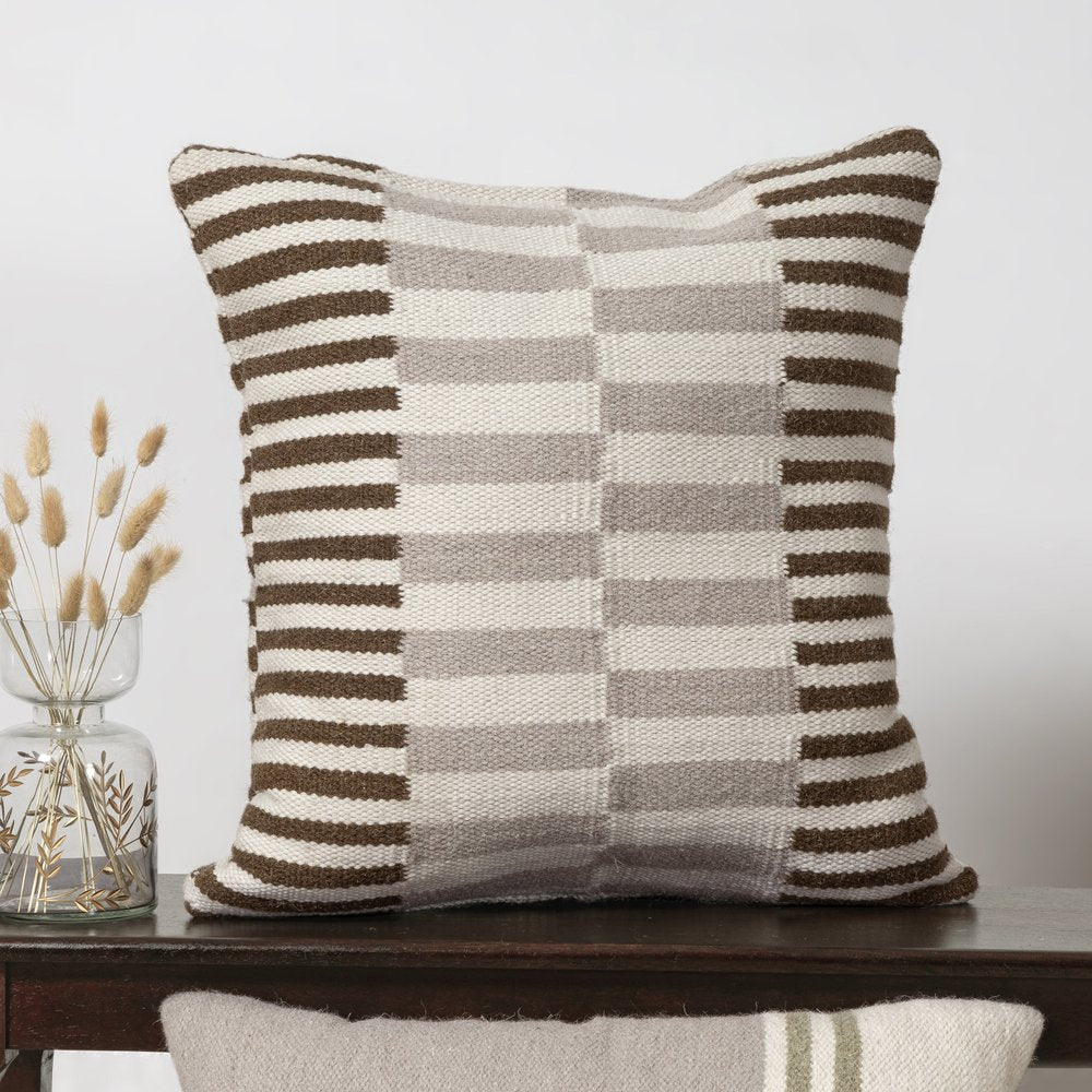 24" Brown And Gray Striped Wool Blend Throw Pillow Cover