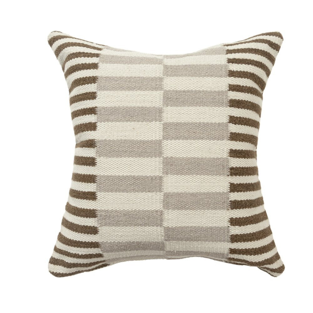24" Brown Gray And Off White Striped Wool Blend Throw Pillow Cover