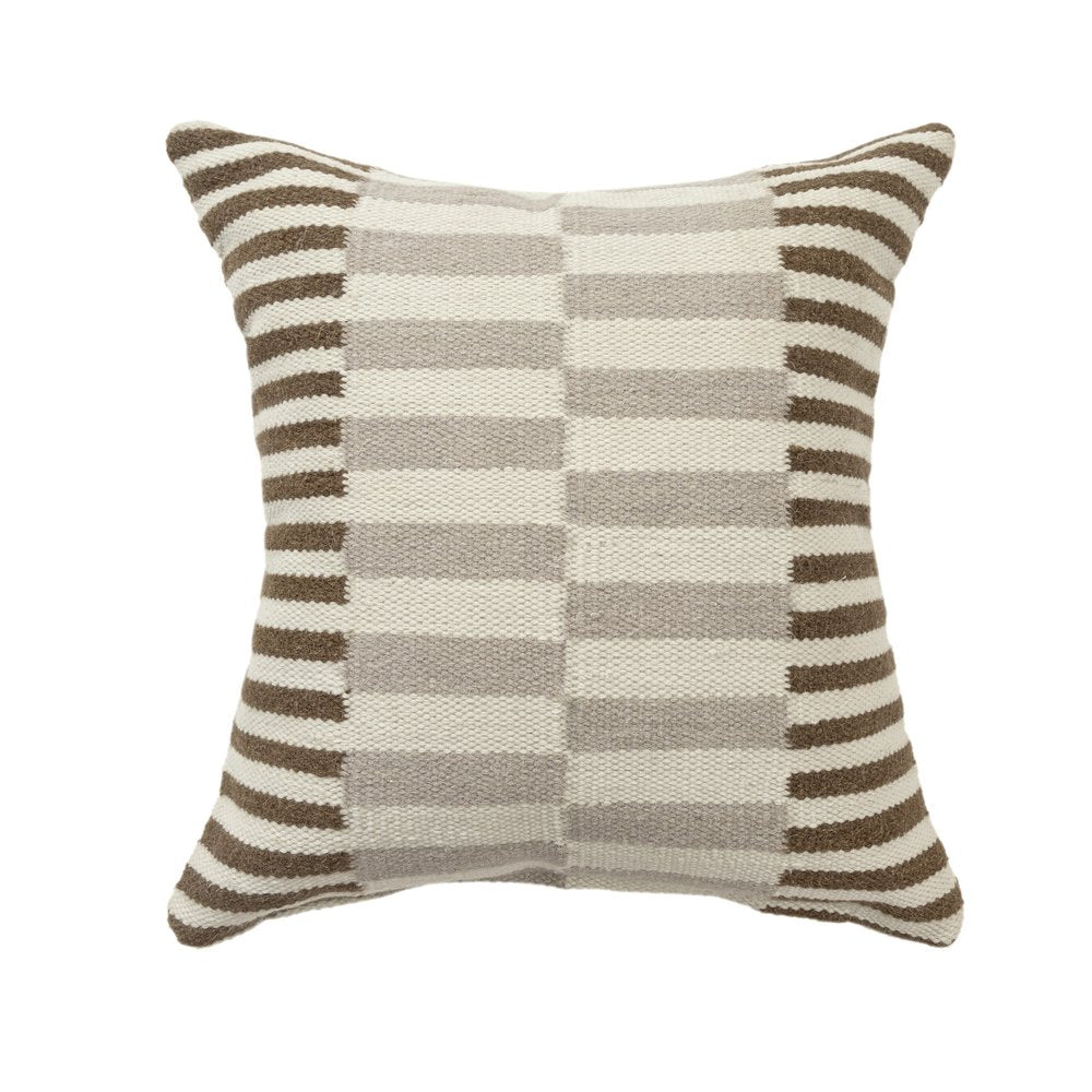 24" Brown Gray And Off White Striped Wool Blend Throw Pillow Cover