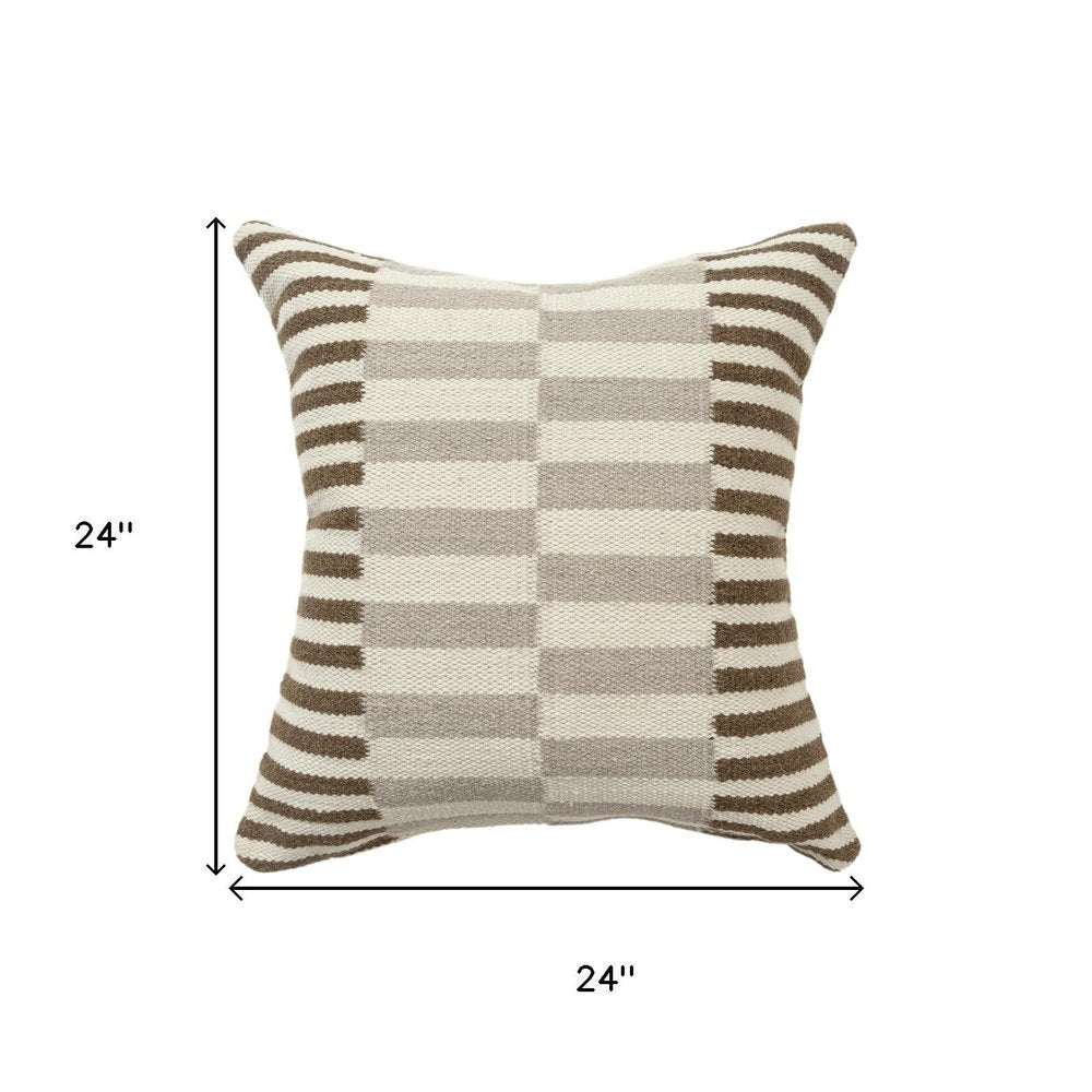 24" Brown Gray And Off White Striped Wool Blend Throw Pillow Cover