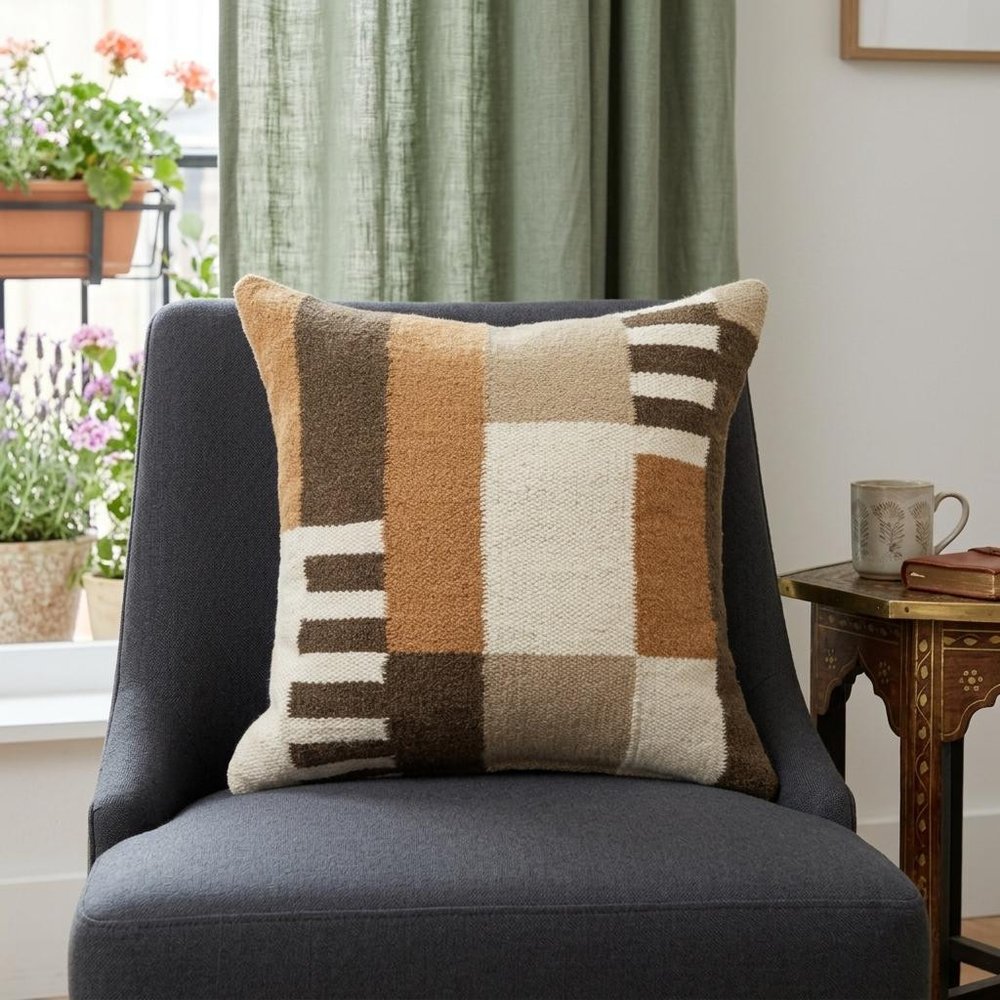 24" Brown Off White And Orange Geometric Wool Blend Throw Pillow Cover