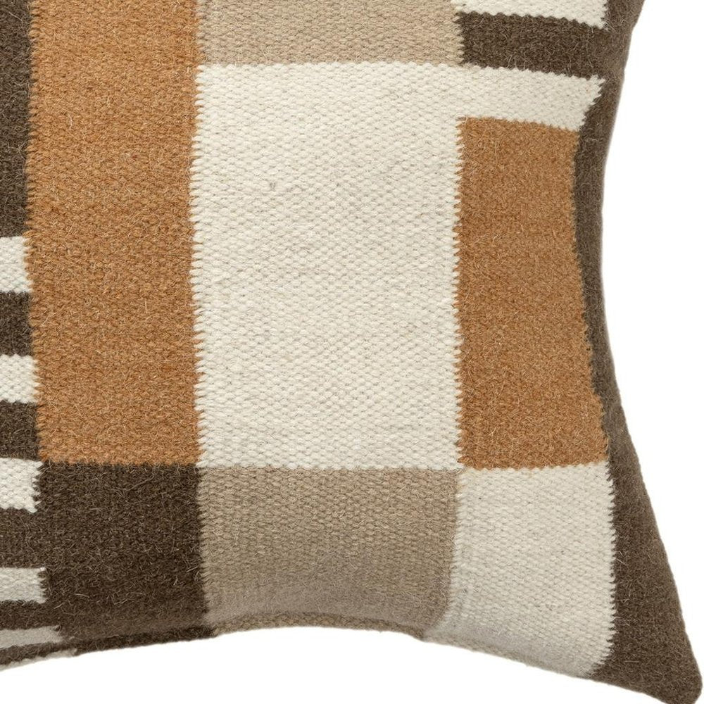24" Brown Off White And Orange Geometric Wool Blend Throw Pillow Cover