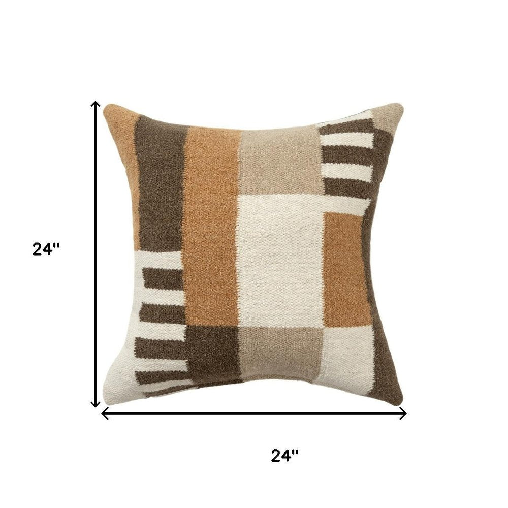 24" Brown Off White And Orange Geometric Wool Blend Throw Pillow Cover