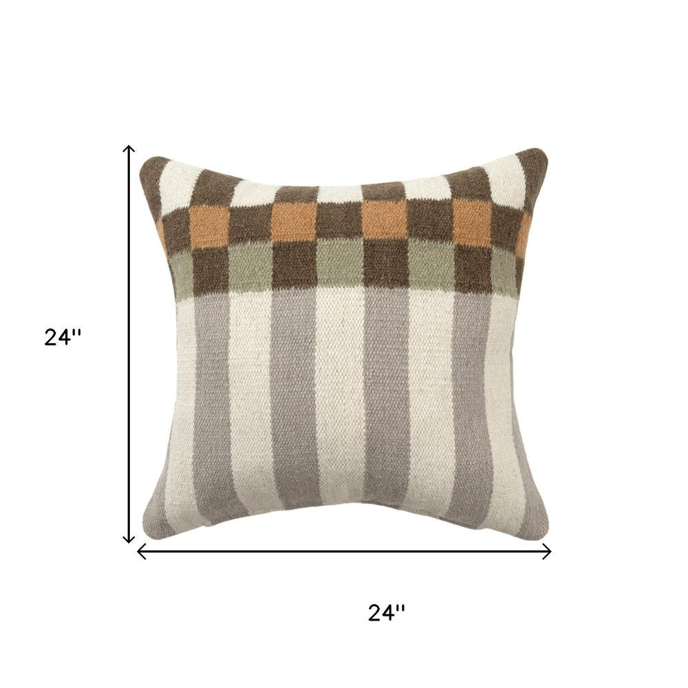 24" Brown Gray And Off White Geometric Wool Blend Throw Pillow Cover