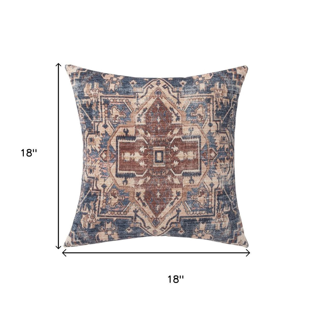 18" Navy Blue And Rust Medallion Throw Pillow Cover