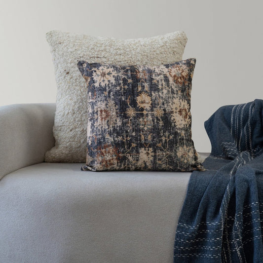 18" Navy Blue And Beige Floral Throw Pillow Cover