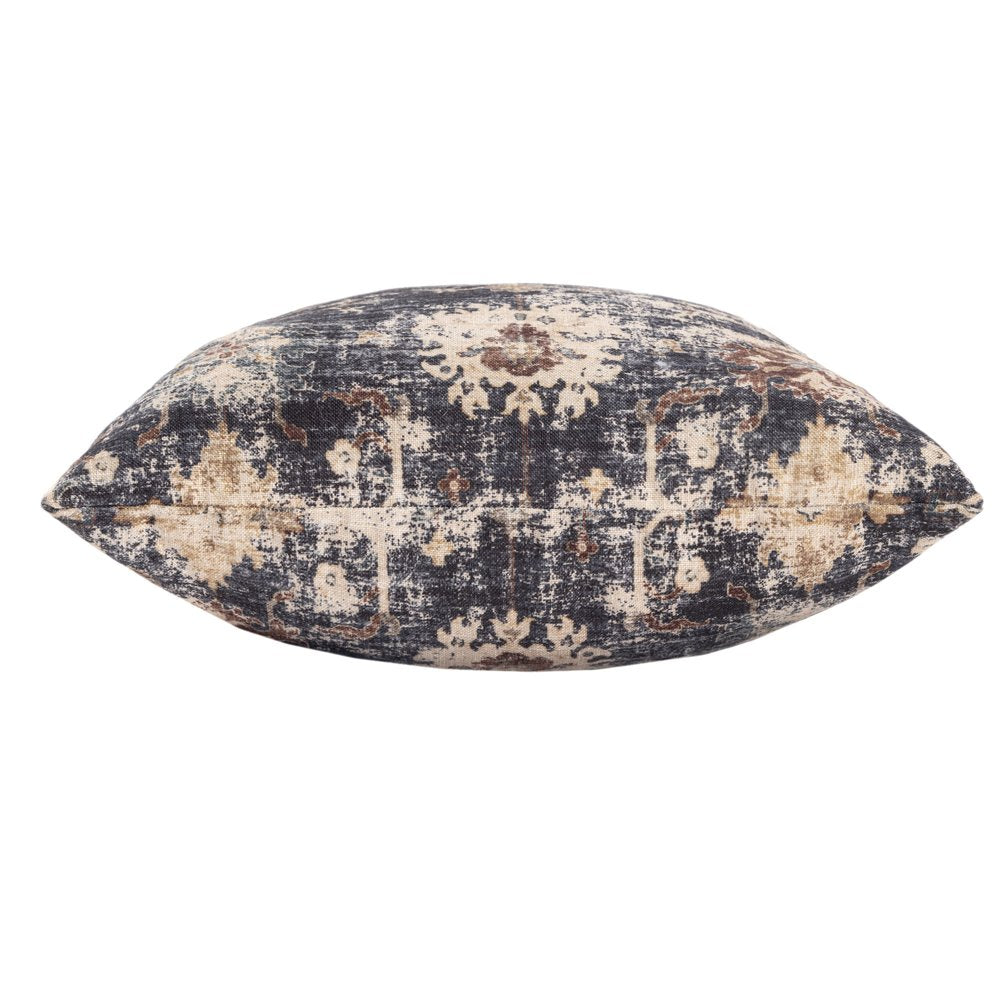 18" Navy Blue And Beige Floral Throw Pillow Cover