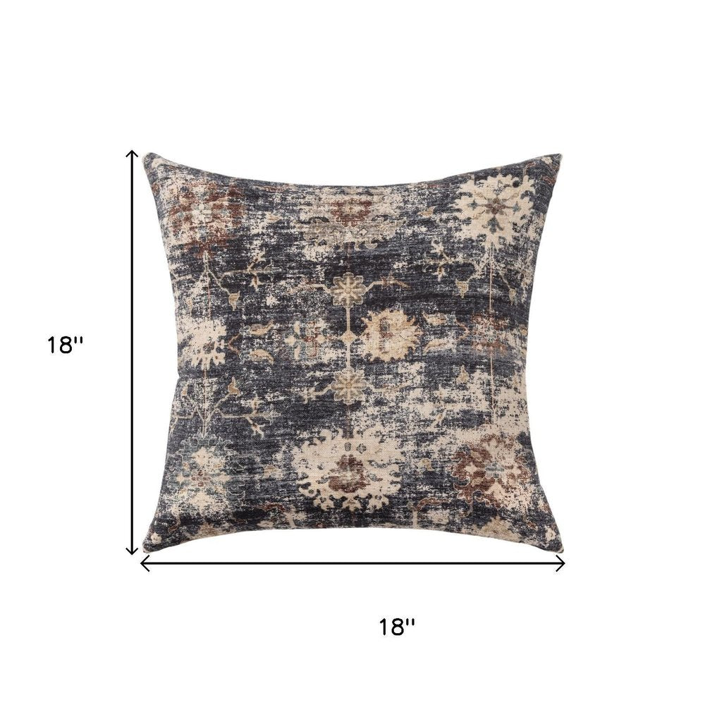 18" Navy Blue And Beige Floral Throw Pillow Cover