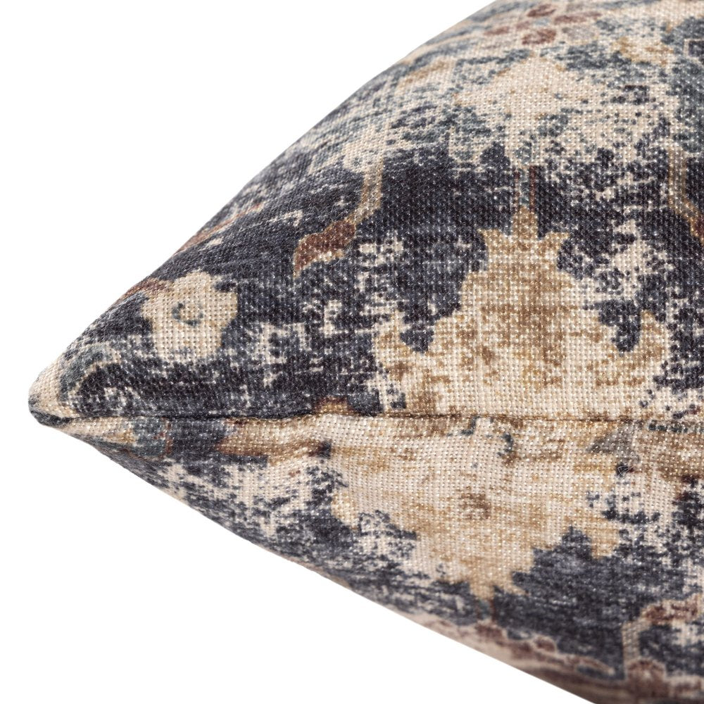 18" Navy Blue And Beige Floral Throw Pillow Cover