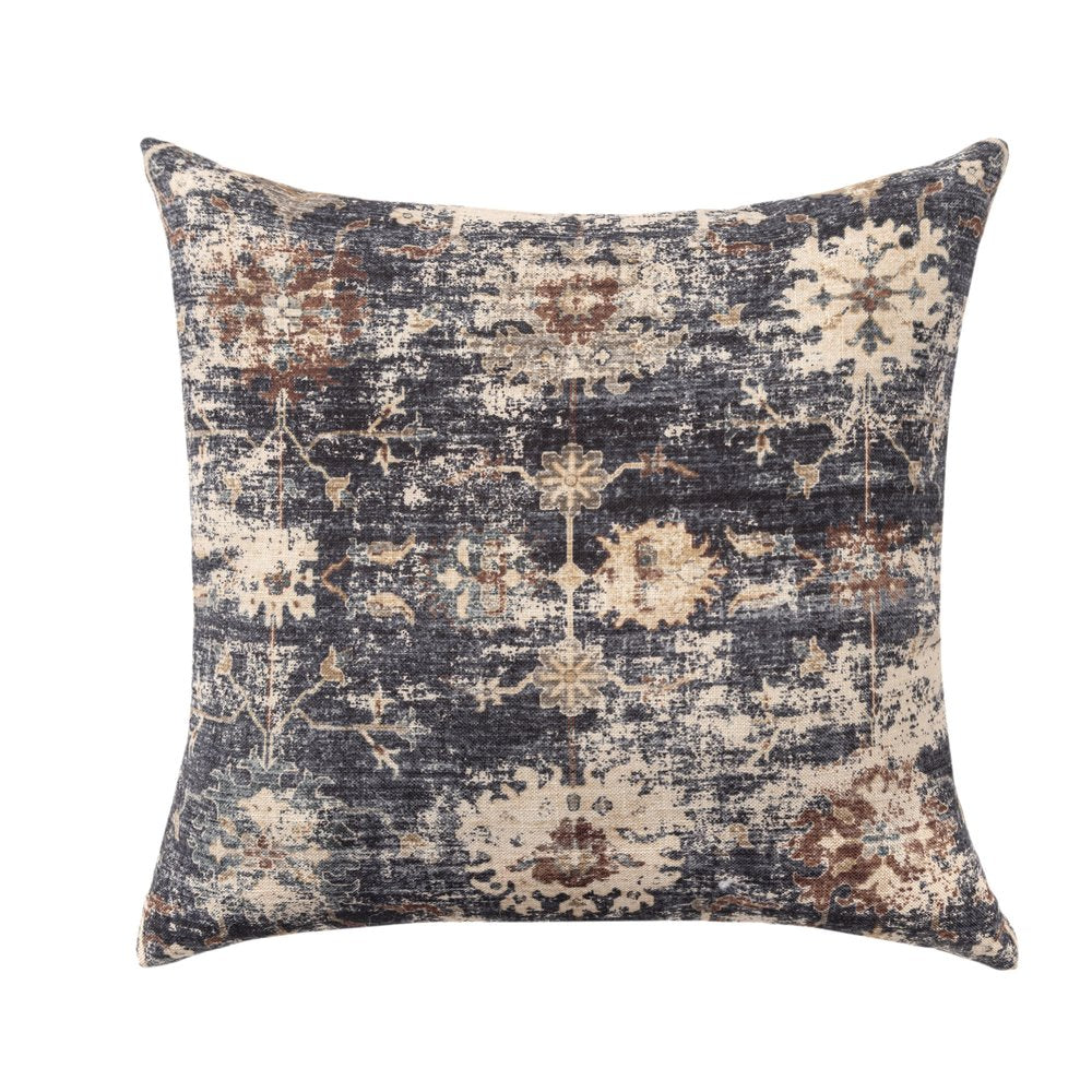 18" Navy Blue And Beige Floral Throw Pillow Cover