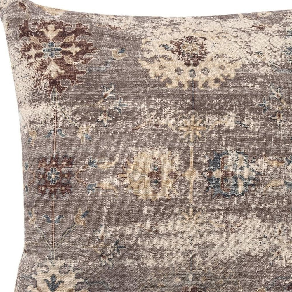18" Taupe And Ivory Floral Throw Pillow Cover