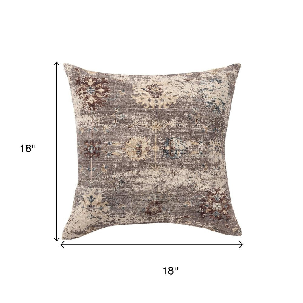 18" Taupe And Ivory Floral Throw Pillow Cover