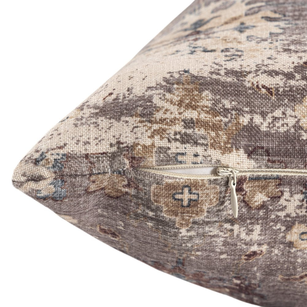 18" Taupe And Ivory Floral Throw Pillow Cover