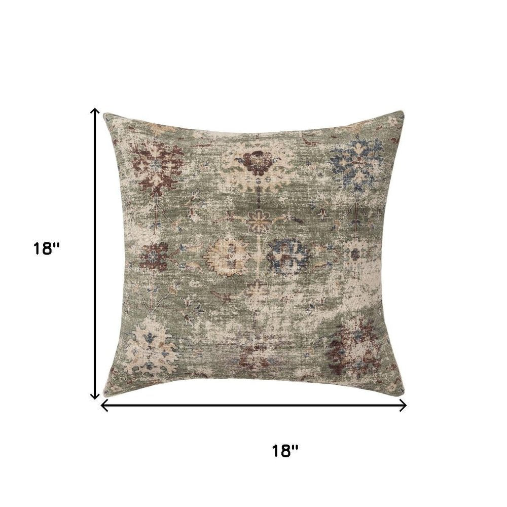 18" Beige And Green Floral Throw Pillow Cover