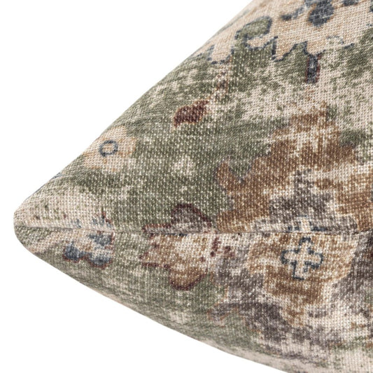 18" Beige And Green Floral Throw Pillow Cover