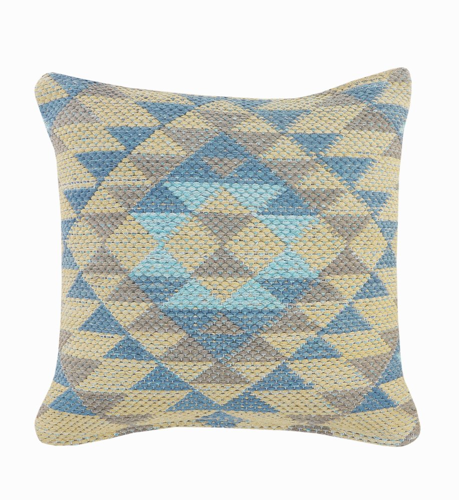 18" Yellow Blue And Gray Geometric Cotton Throw Pillow Cover