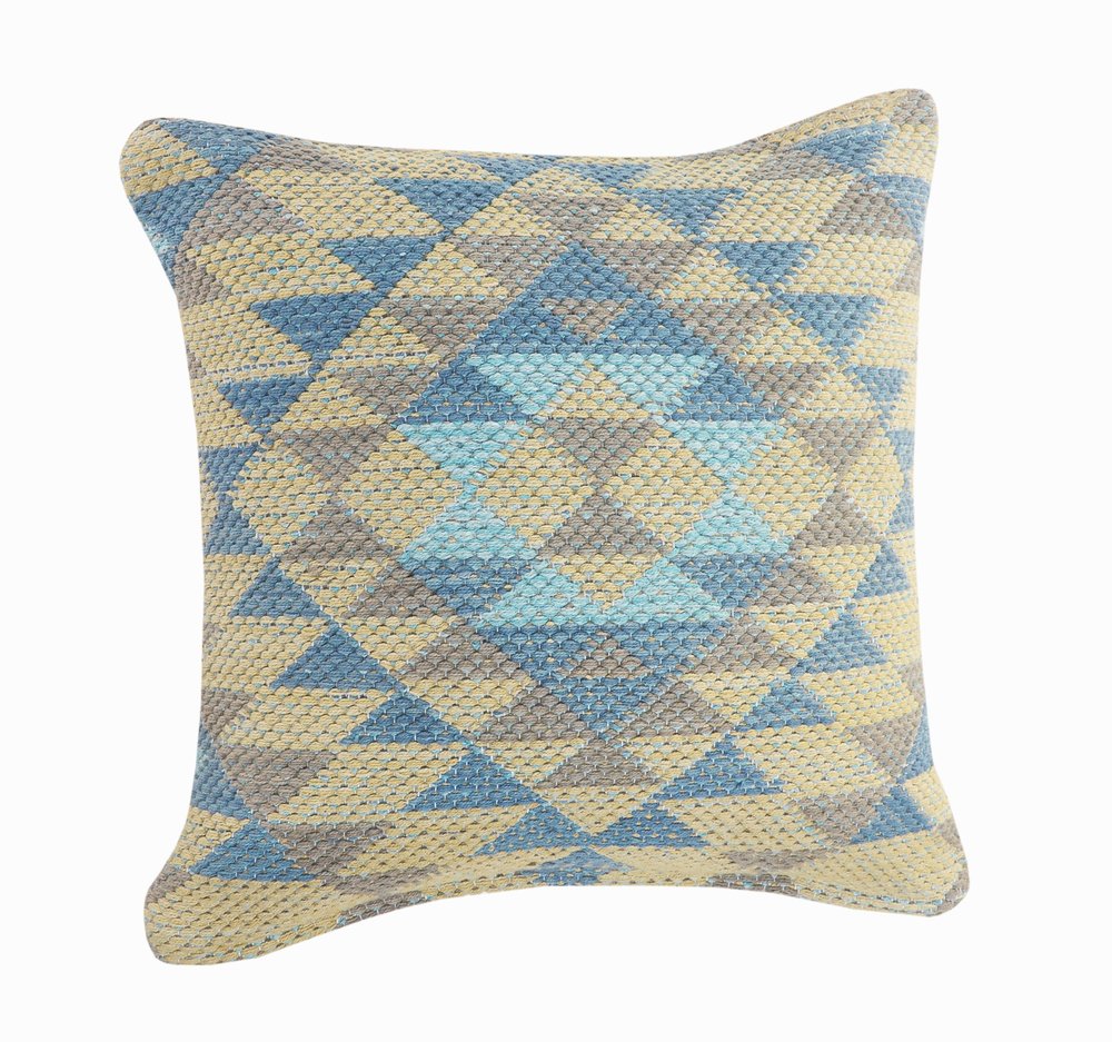 18" Yellow Blue And Gray Geometric Cotton Throw Pillow Cover