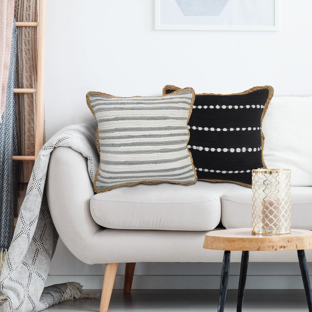 18" Gray And Off White Striped Cotton Blend Throw Pillow Cover